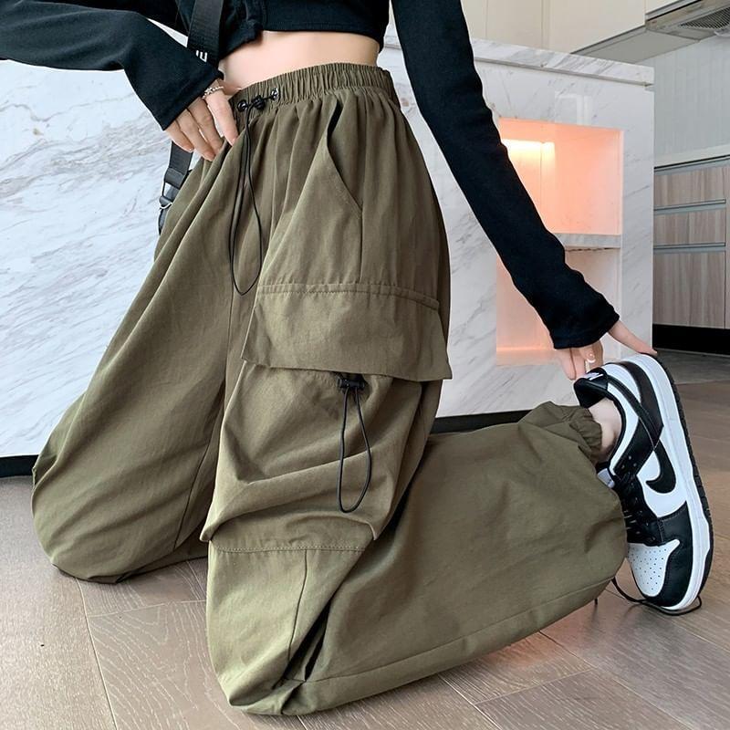 High Waist Plain Drawstring Cargo Baggy Pants product image