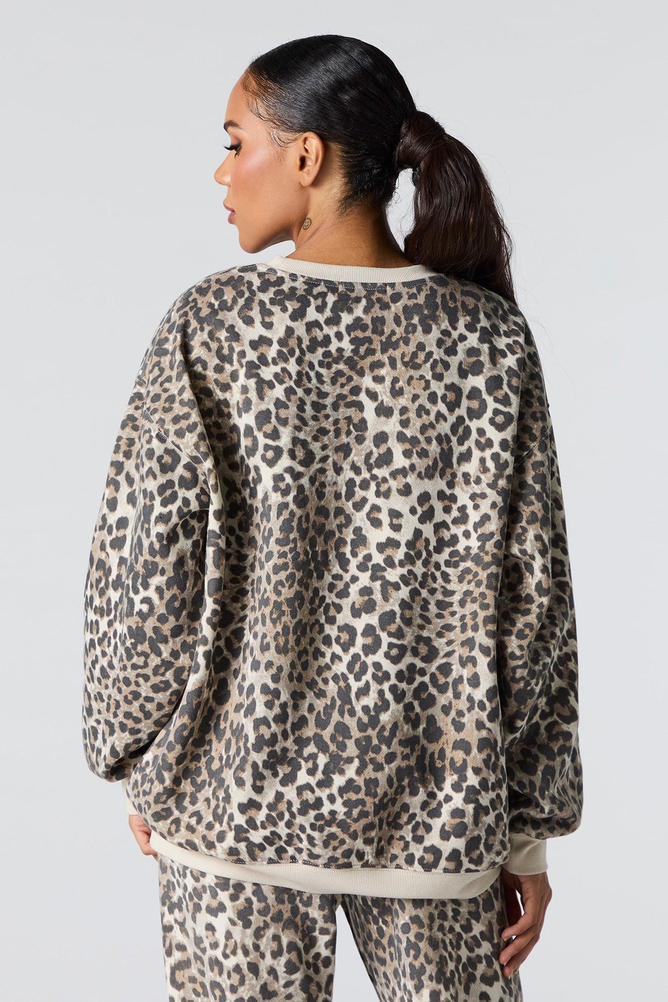 Oversized Cheetah Print Fleece Sweatshirt Female Product Image