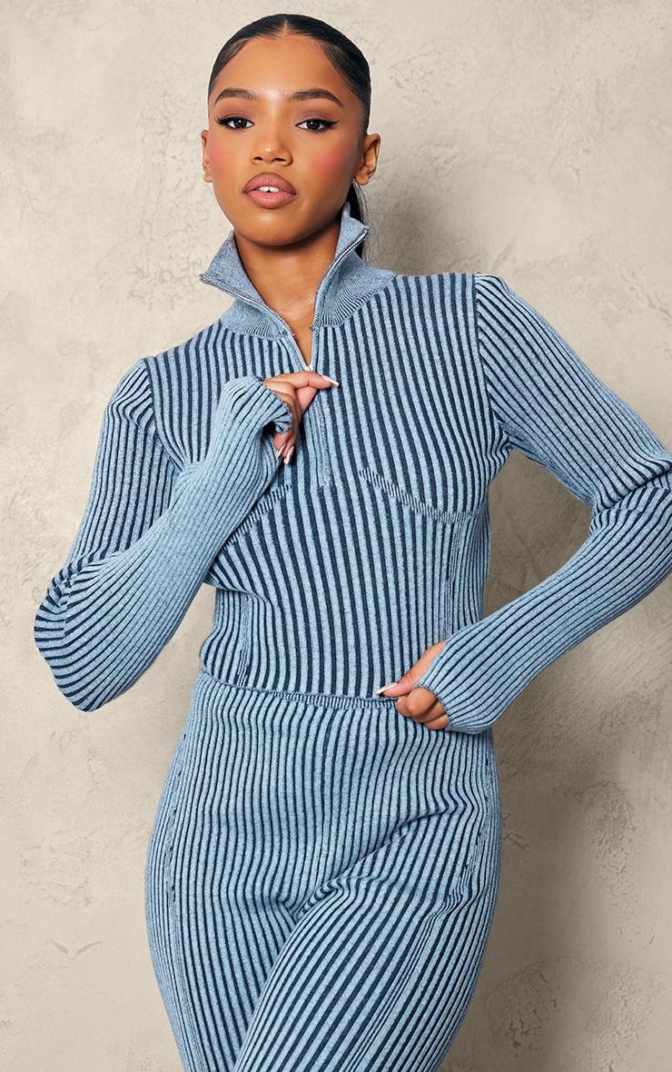 Blue Two Tone Chunky Rib Knit Underbust Detail Cropped Half Zip Product Image