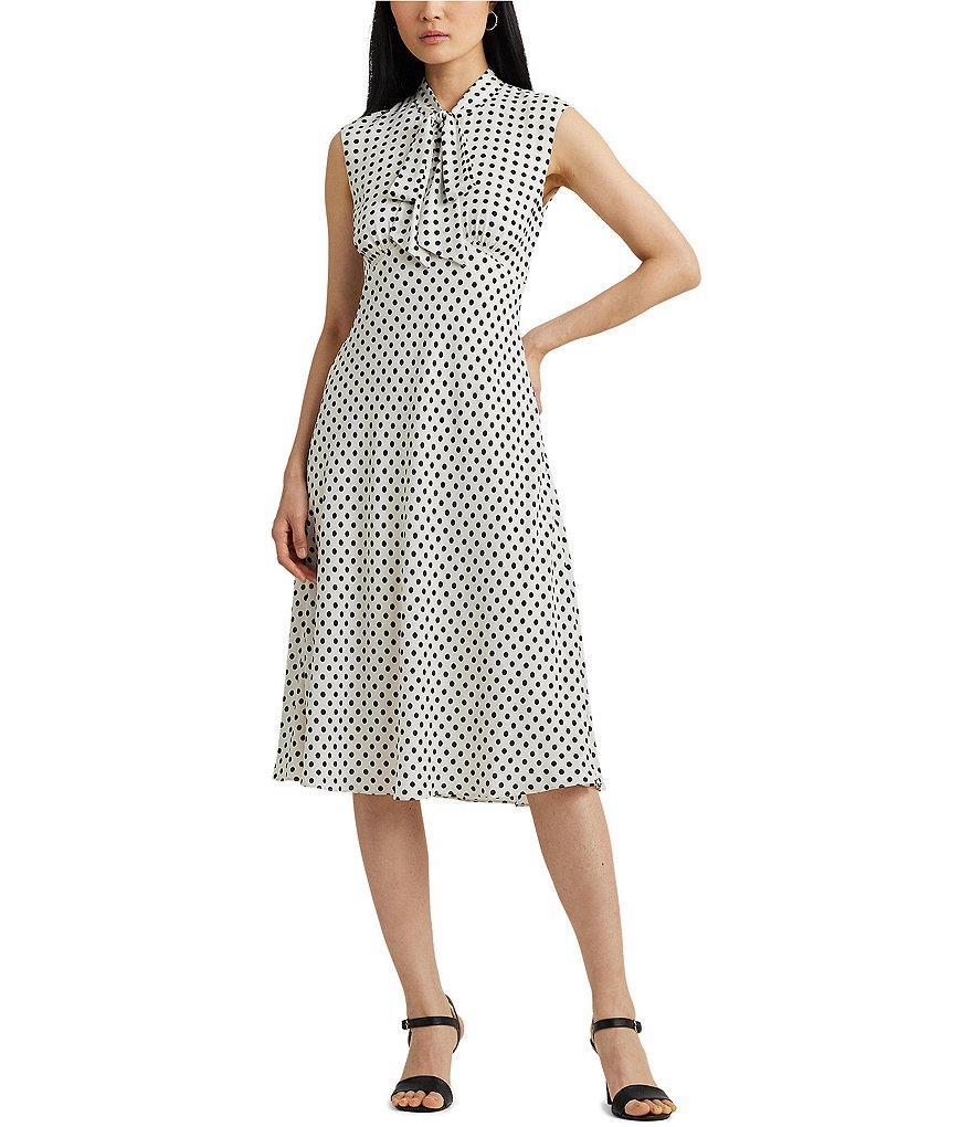 Lauren Ralph Lauren Dotted Georgette Tie Neck Sleeveless A-Line Midi Dress Product Image