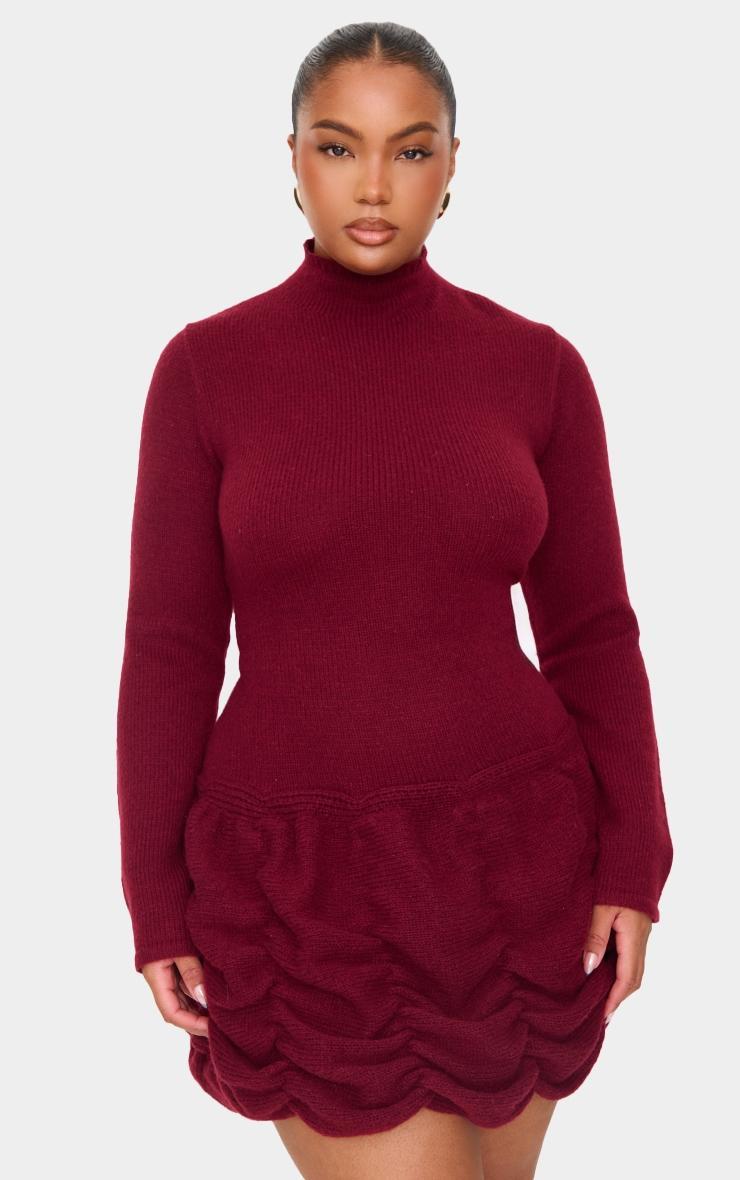 Plus Burgundy High Neck Knitted Puffball Mini Dress product image