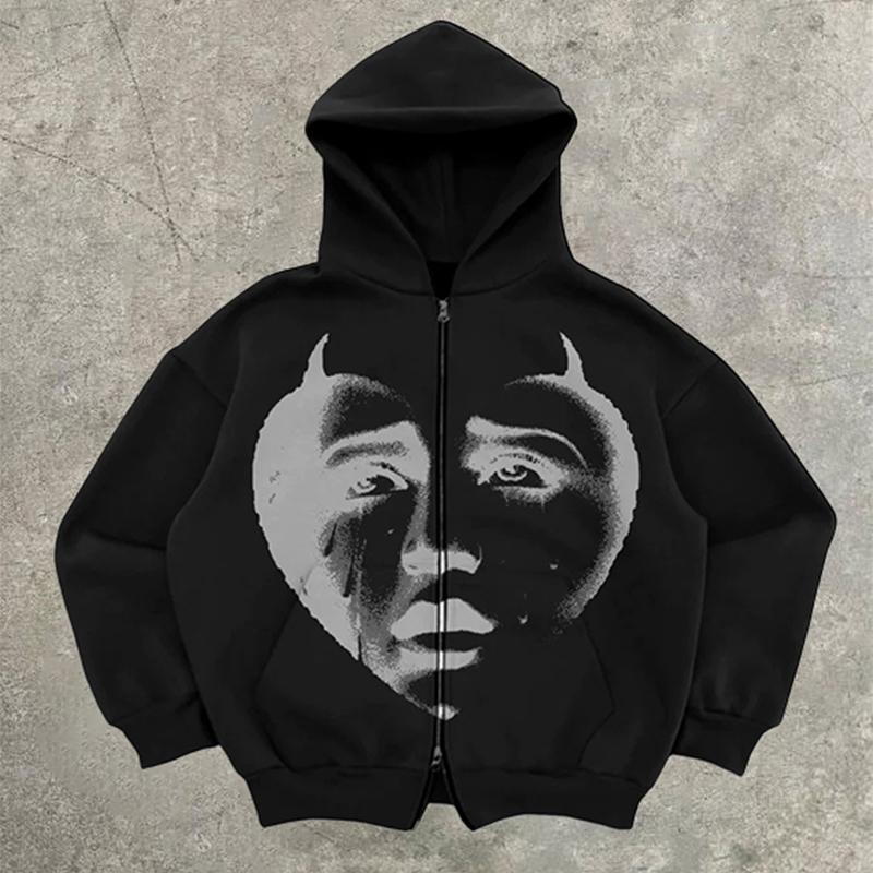 Vintage Evil Sadnes Portrait Graphic Casual Hip Hop Zip Up Hoodie Product Image