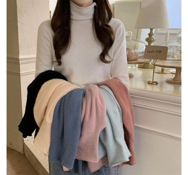 Turtleneck Plain Fluffy Sweater Product Image