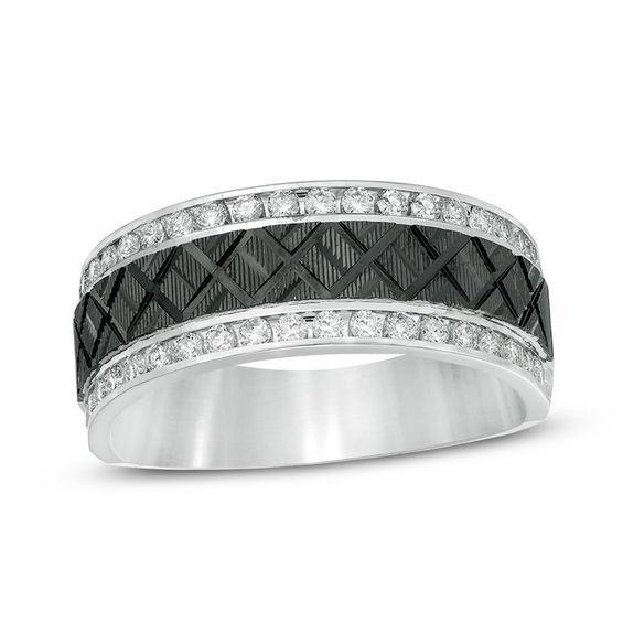 Men's 1/2 CT. T.w. Diamond Zig-Zag Center Wedding Band in 10K White Gold with Black Rhodium Product Image