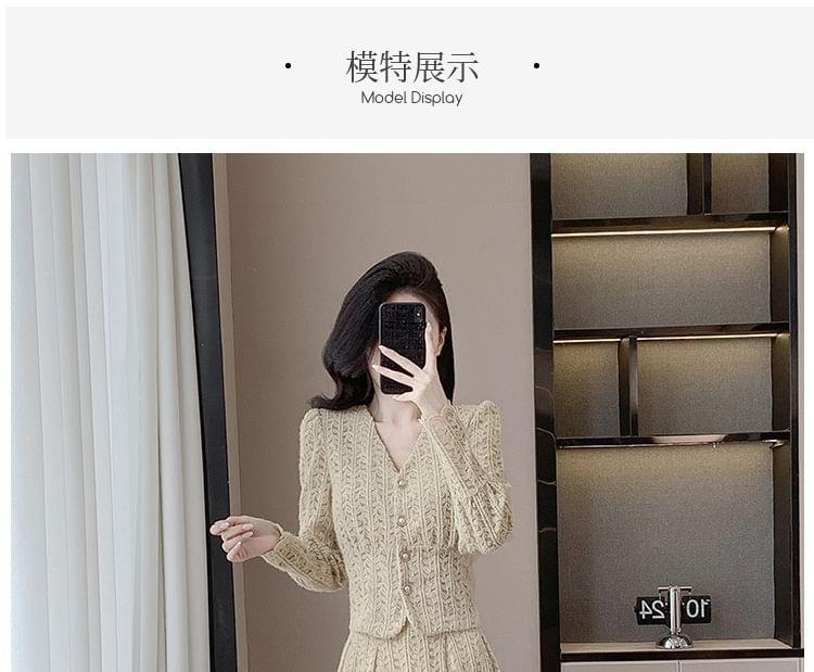 Set: Long-Sleeve V-Neck Lace Top + High Rise Midi A-Line Skirt Product Image