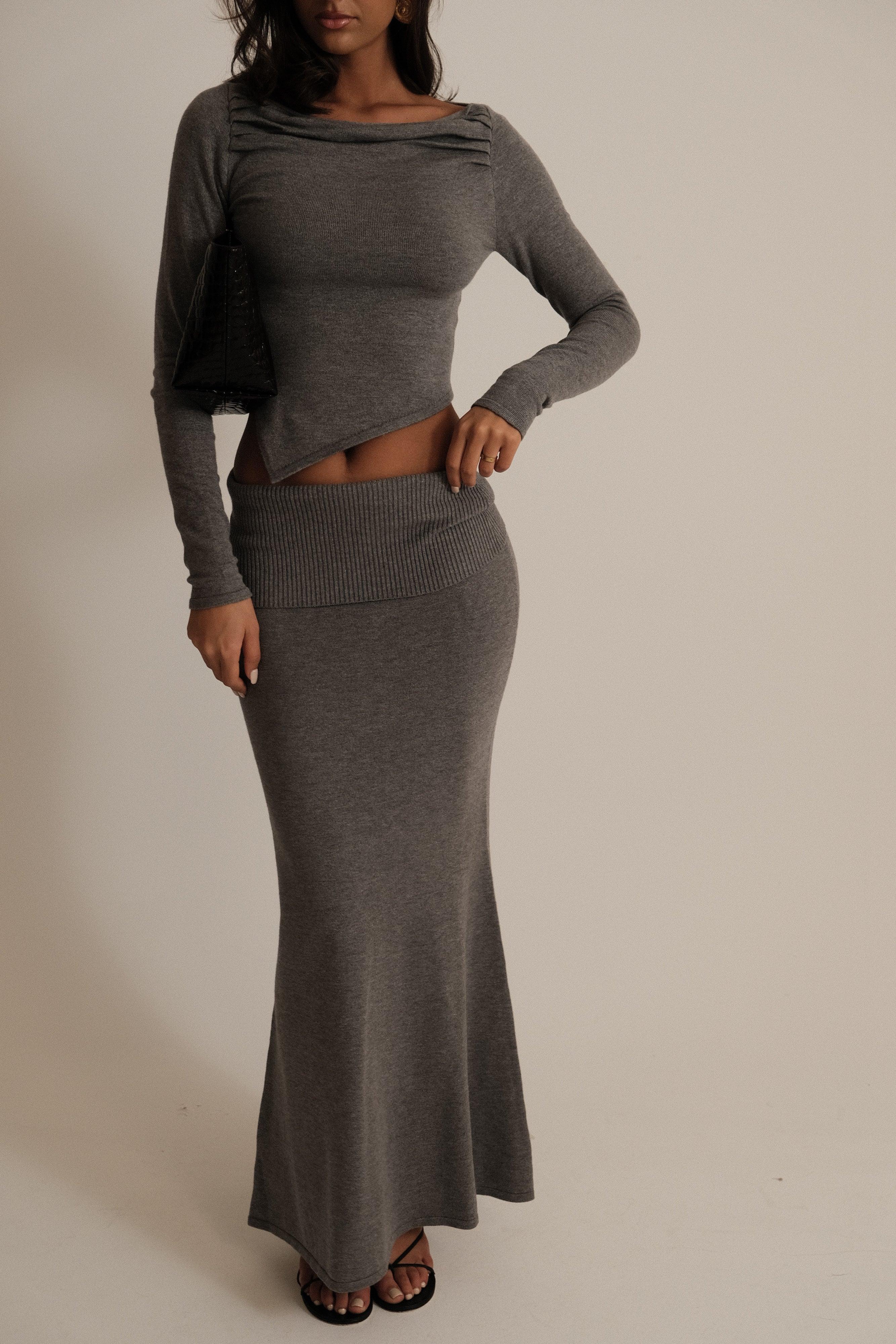 Karlie Knit Maxi Skirt With Ribbed Waist - Charcoal Marle Product Image