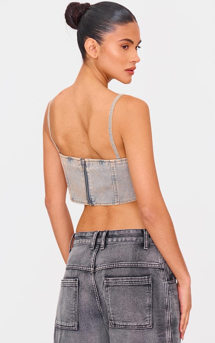 Pink Tint Vintage Wash Diamante Detail Curved Hem Denim Corset Top Product Image