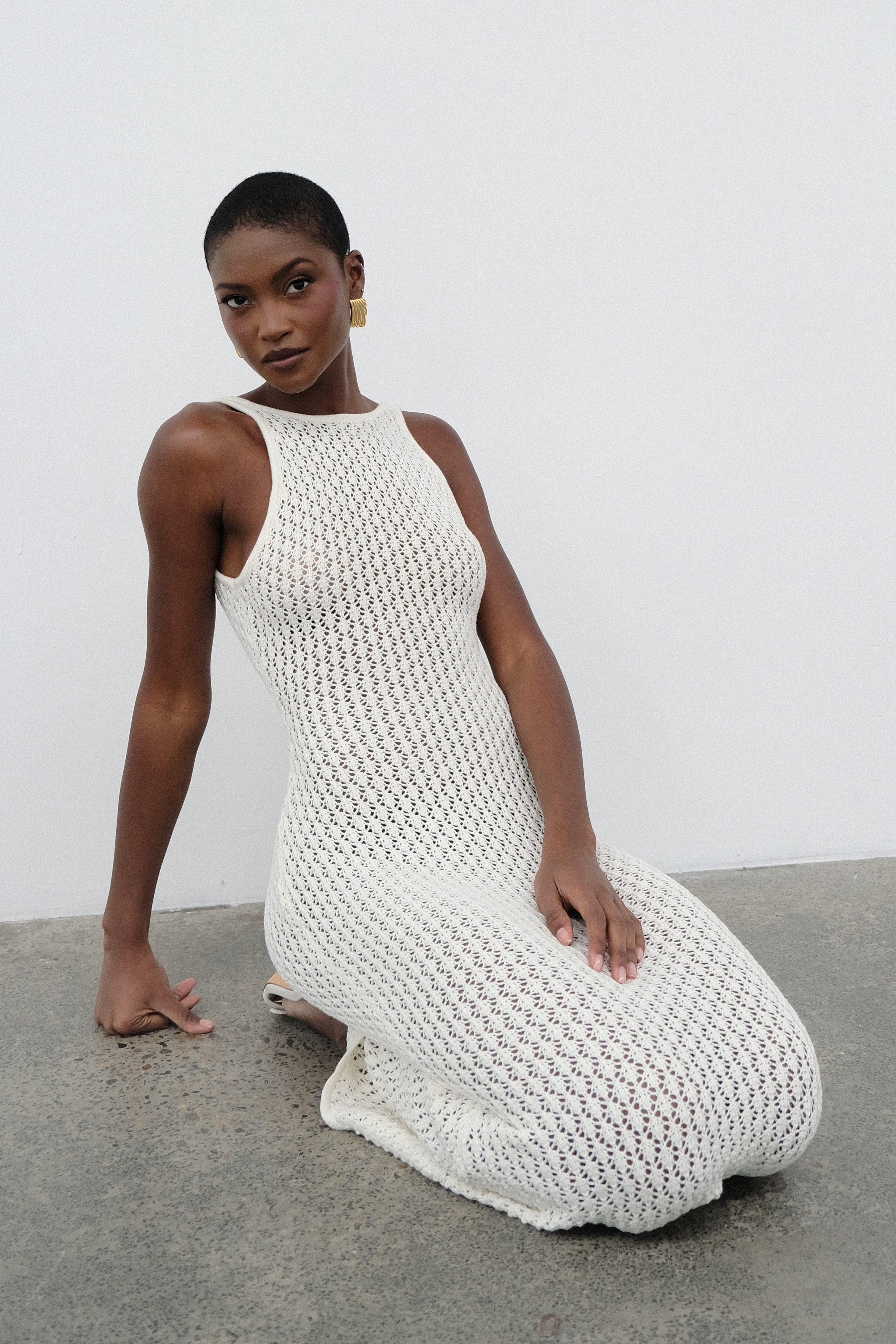 Cordelia Crochet Fishtail Midi Dress - Ivory Product Image