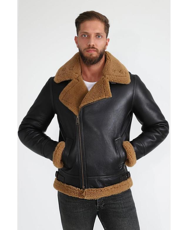 Mens Shearling Biker Jacket, Silky Brown with Ginger Curly Wool Product Image