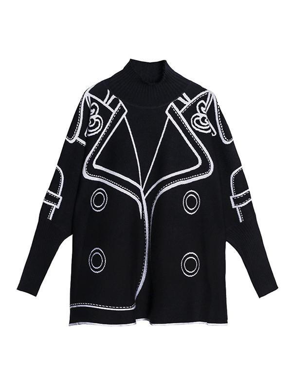 Casual Loose Long Sleeves Contrast Color Jacquard High-Neck Sweater Tops Product Image