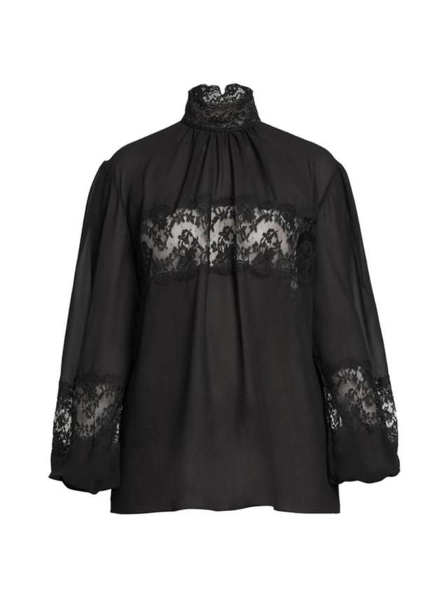 Floral Lace-detail Semi-sheer Shirt In Black Product Image