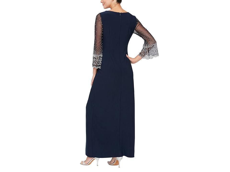 Alex Evenings Long Surplice Neckline Dress w/ Embellished Illusion Sleeves, Knot Front (Dark ) Women's Clothing Product Image