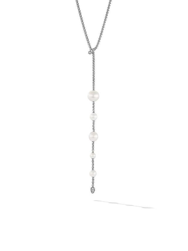 Womens Pearl and Pav Y Necklace in Sterling Silver with Diamonds Product Image