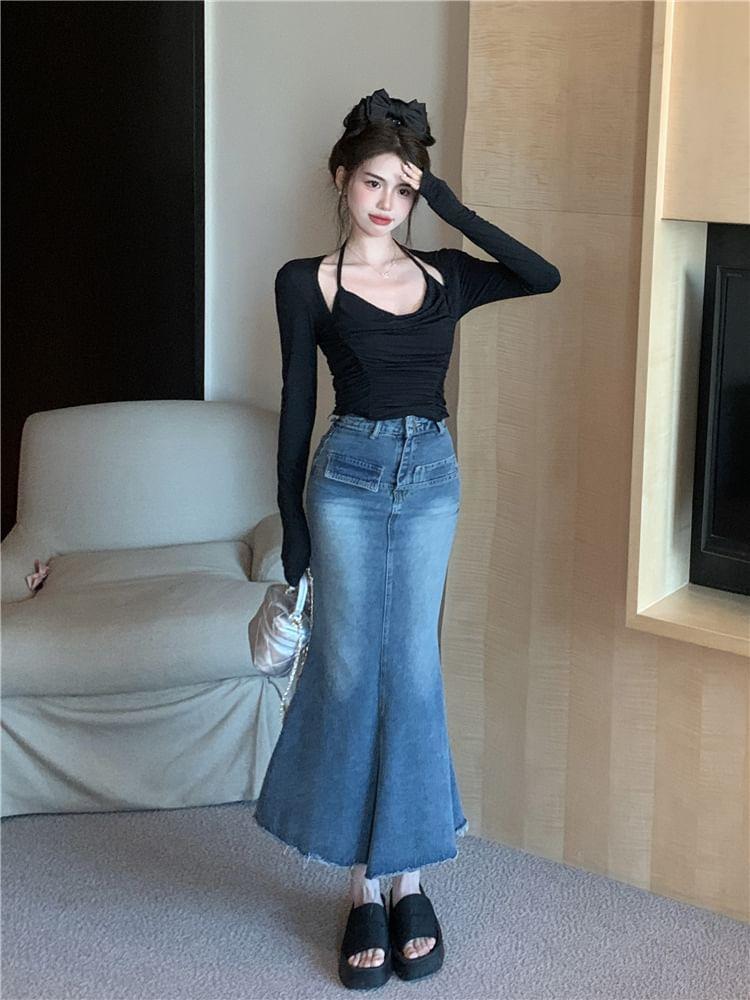 High Rise Washed Fray Maxi Mermaid Denim Skirt Product Image