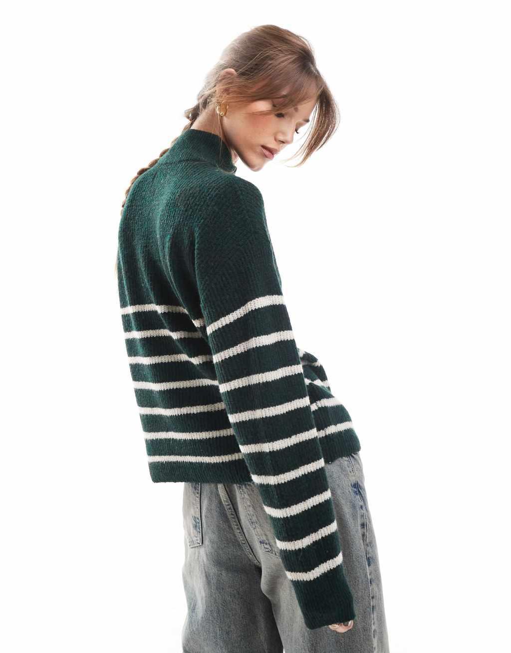 ONLY 1/4 zip sweater in dark green stripe Product Image