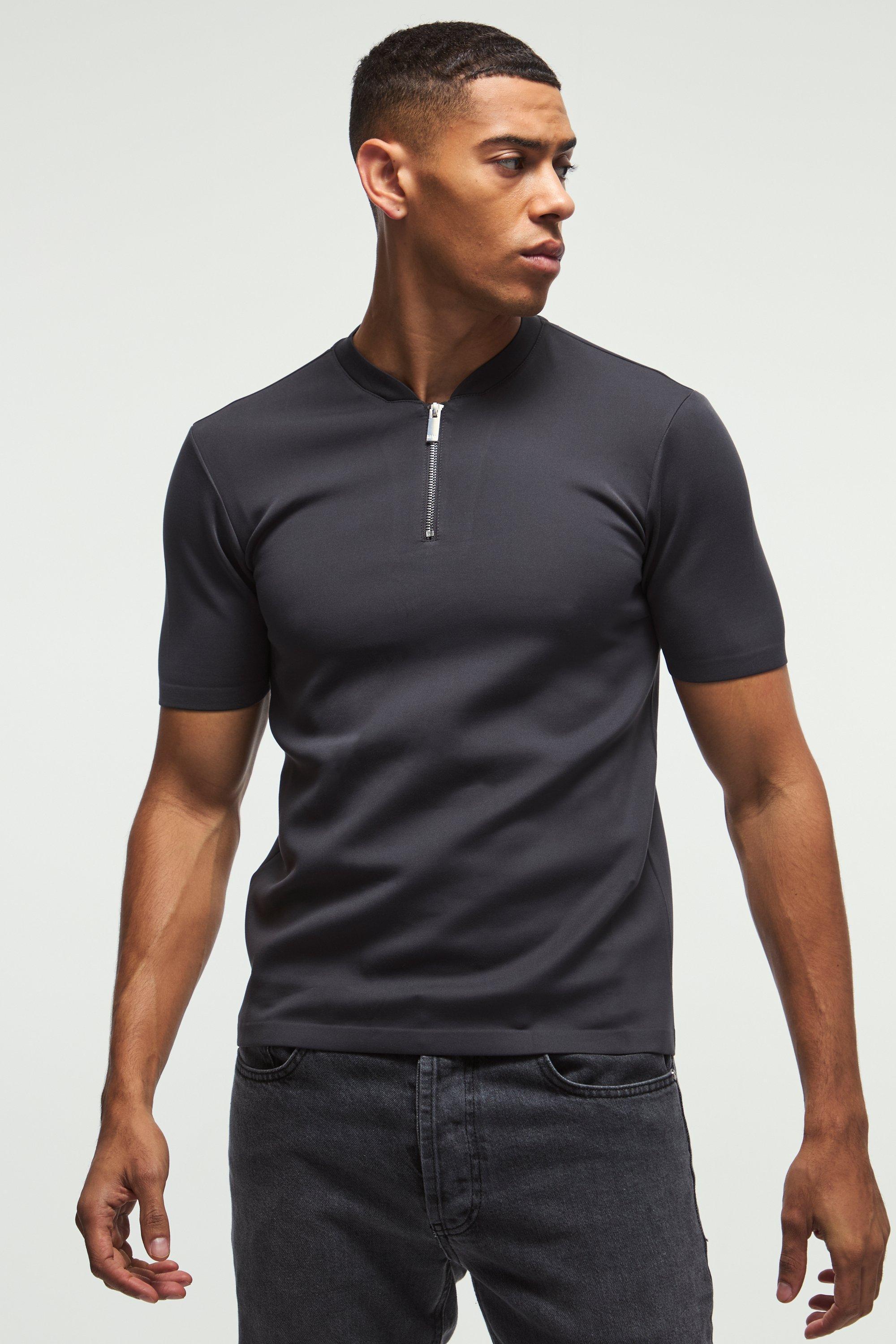 Regular Fit V-neck Zip Premium Scuba Polo | boohooMAN USA Product Image