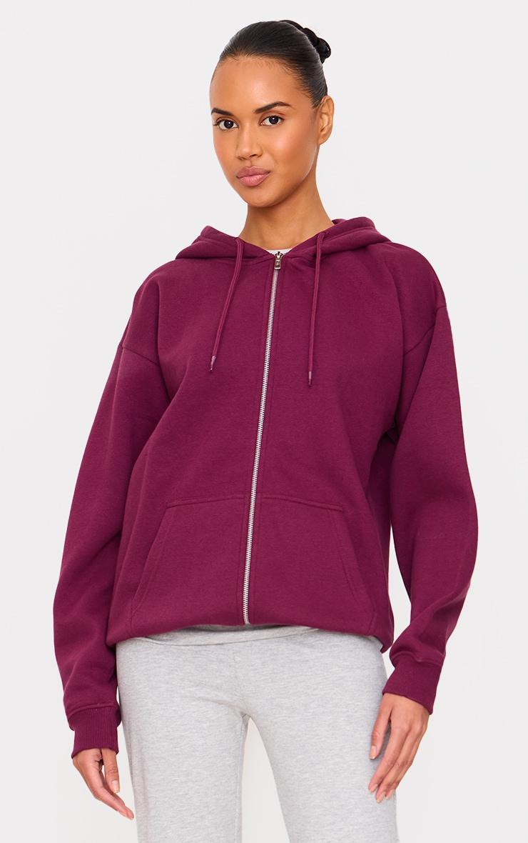 Plum Oversized Zip Up Plain Front Hoodie Product Image