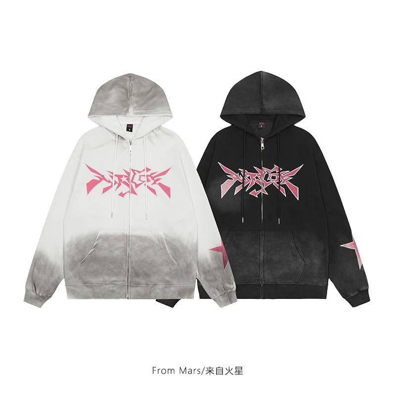 Drawstring Washed Lettering Zip Up Oversized Hoodie Product Image