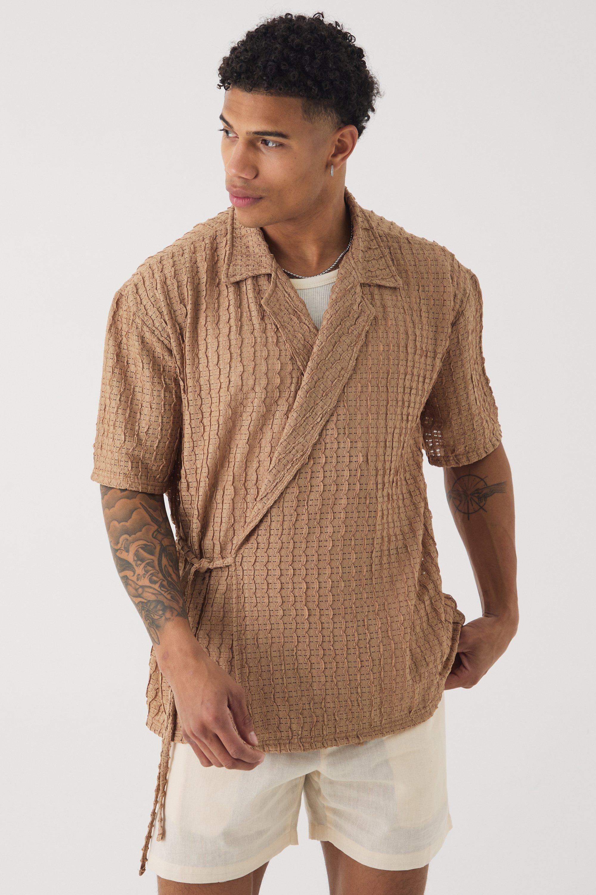 Mens Beige Oversized Textured Wrap Tie Half Sleeve Shirt, Beige Product Image