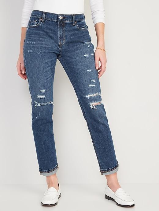 Mid-Rise Boyfriend Straight Ripped Jeans product image