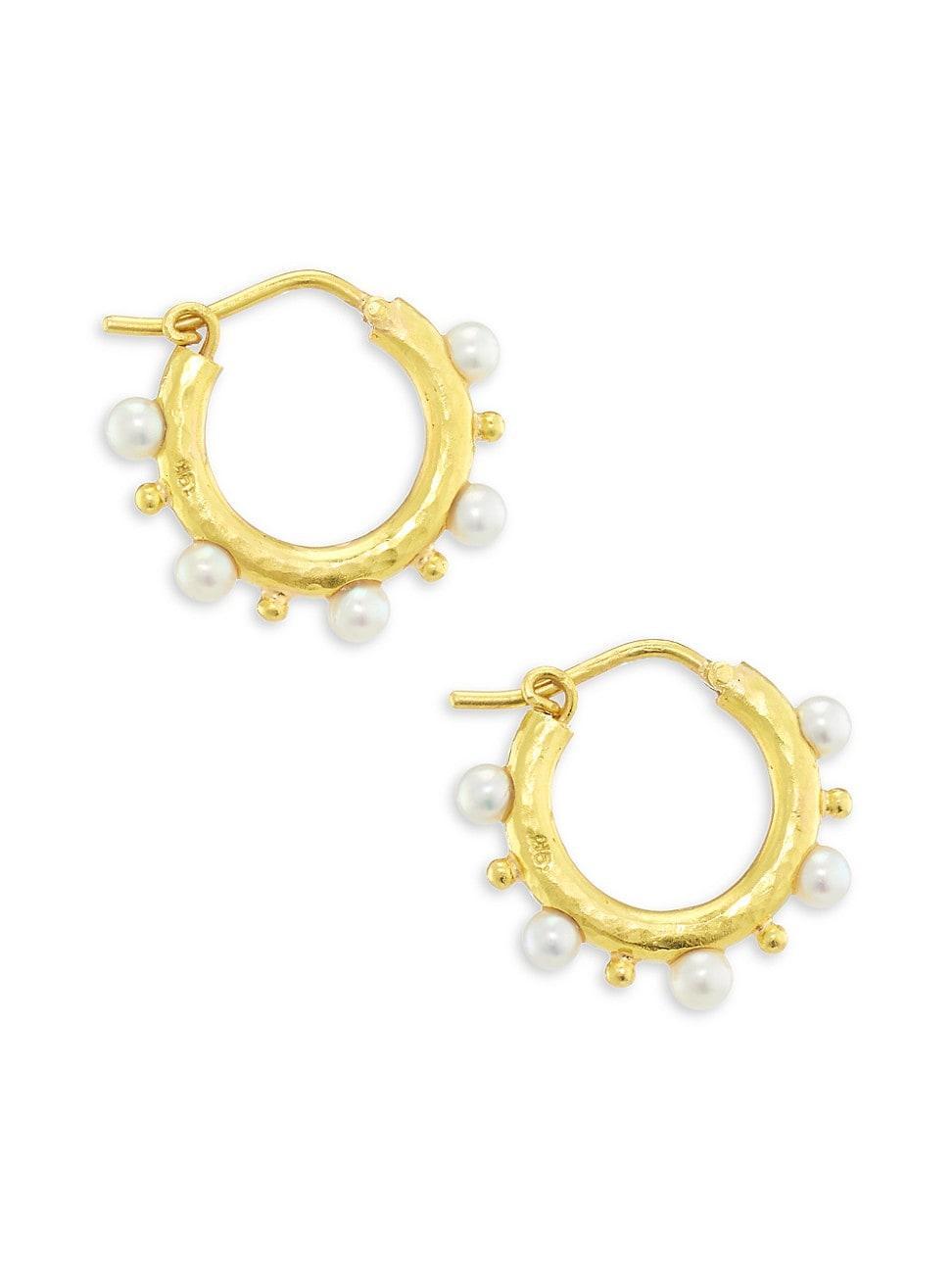 Womens Hammered 19K Yellow Gold & 3MM Freshwater Pearl Hoop Earrings Product Image