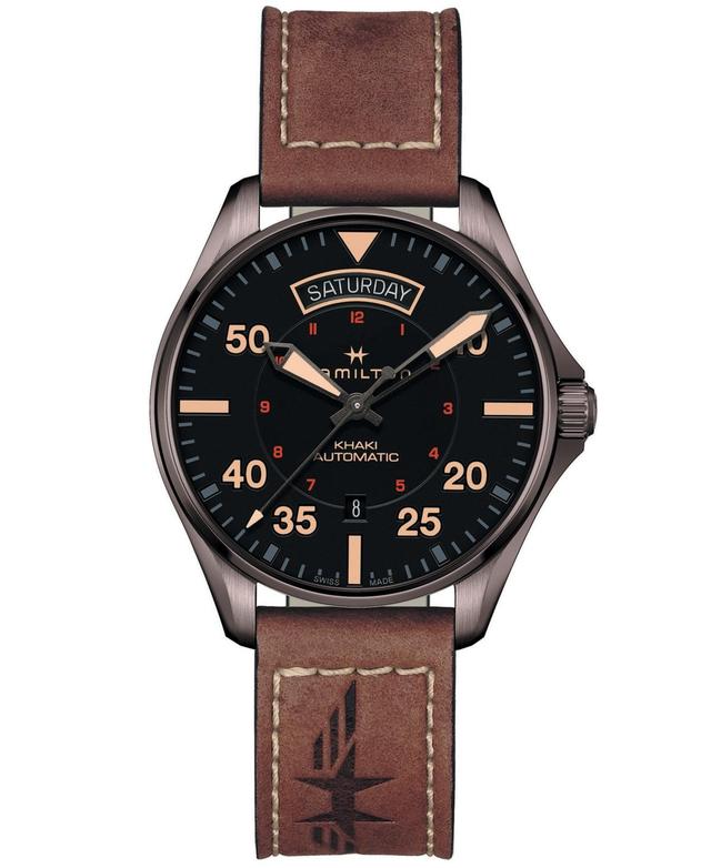 Hamilton Mens Swiss Automatic Khaki Pilot Brown Leather Strap Watch 42mm Product Image