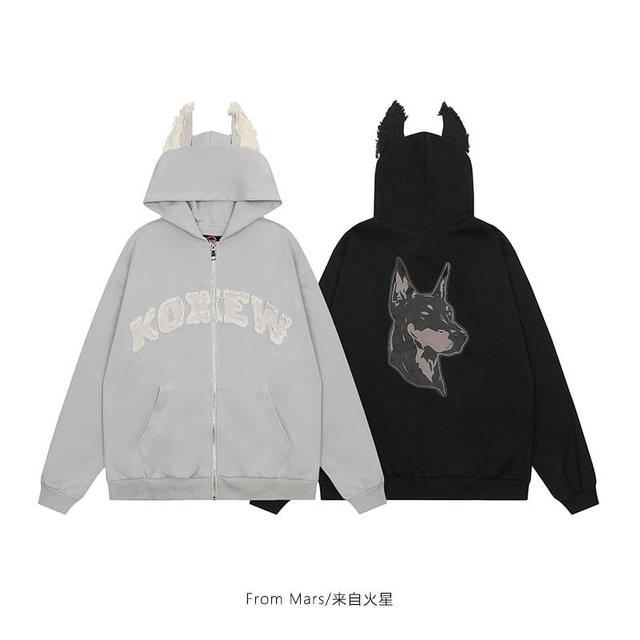 Lettering Applique Zip Oversized Cat Ear Hoodie Product Image