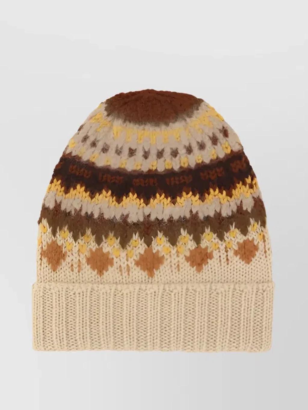 MONCLER Geometric Pattern Wool Beanie Hat In Brown Product Image