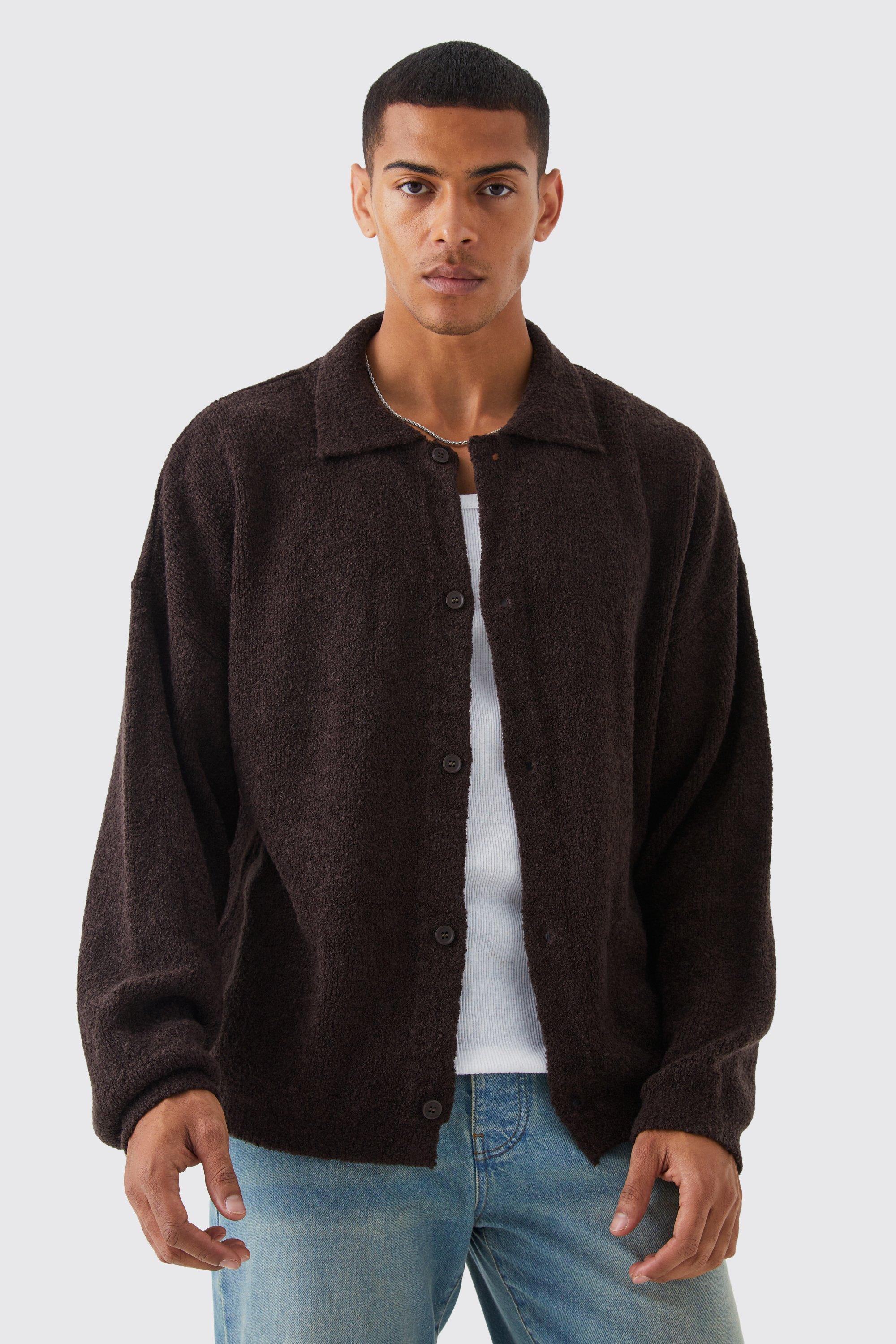 Mens Brown Boxy Fit Brushed Knit Cardigan, Brown Product Image