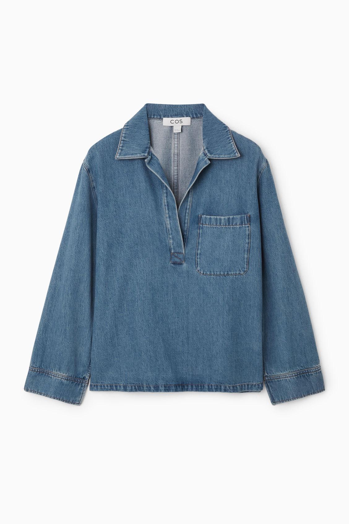 COLLARED V-NECK DENIM TOP Product Image