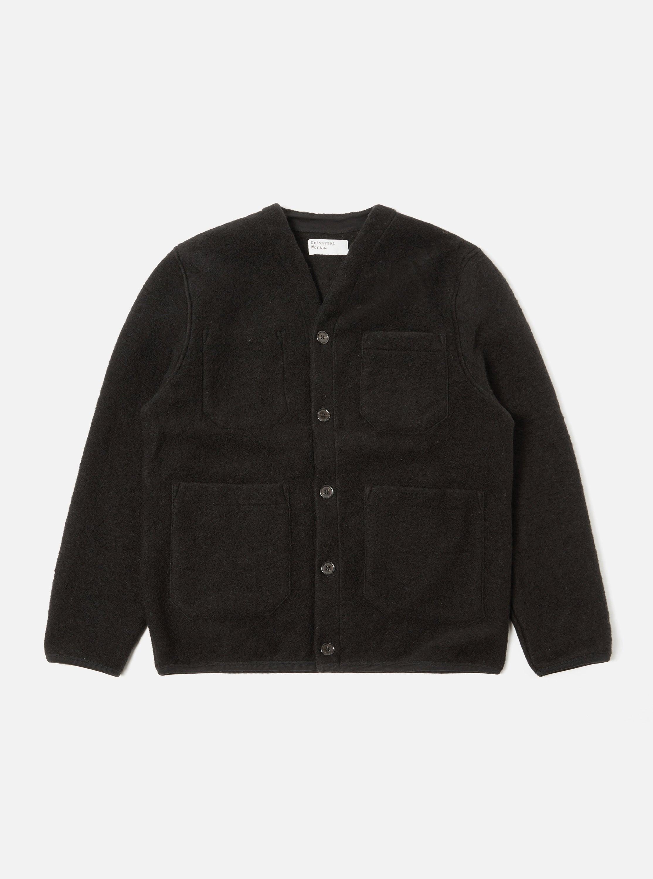 Universal Works Cardigan in Black Wool Fleece Product Image