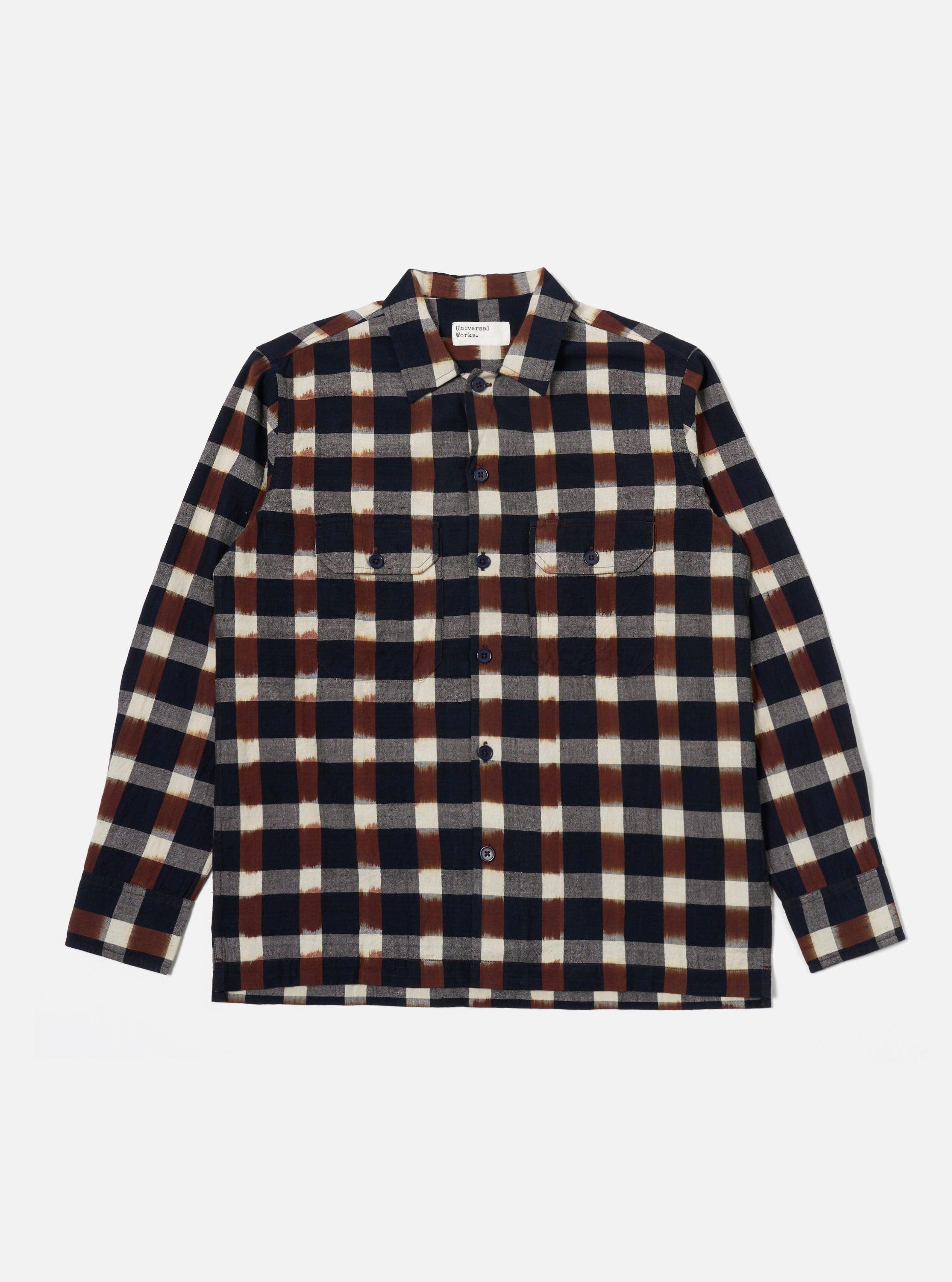 Universal Works L/S Utility Shirt in Navy/Brown Check Ikat Product Image