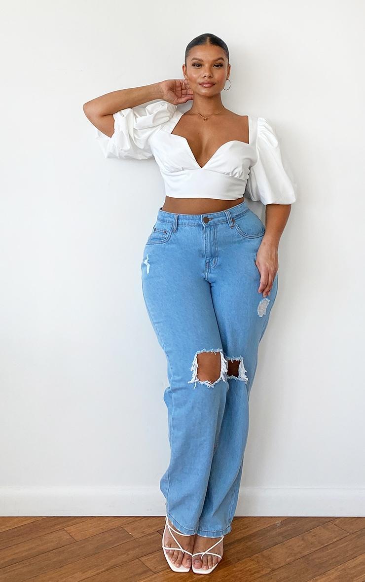 Plus White Woven Puff Sleeve Structured Crop Top Product Image