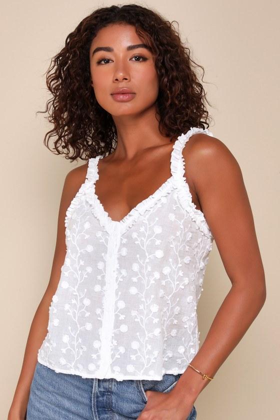 Breezy Adoration Ivory Cotton Embroidered Ruffled Sleeveless Top Product Image