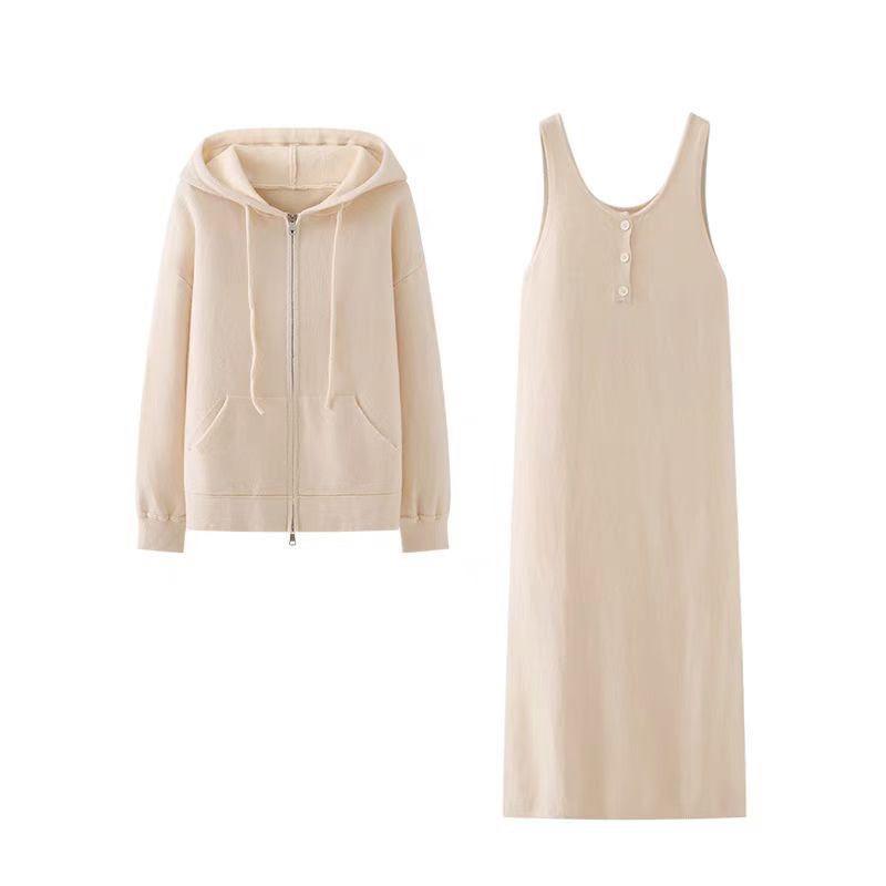 Set: Plain Hooded Zip Cardigan + Henley Maxi Tank Dress product image