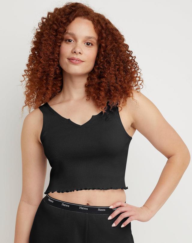 Hanes Originals Womens Rib Cropped Tank Top with Lettuce Edge Trim Black S Product Image