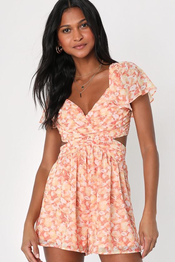 Always Flirtatious Orange Floral Print Lace-Up Backless Romper Product Image