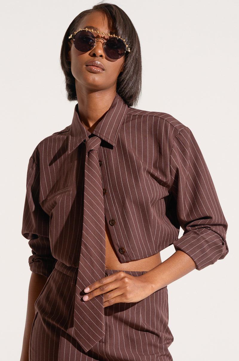 STRAIGHT TO BUSINESS PINSTRIPE TIE DETAIL CROP BLOUSE IN BROWN Product Image