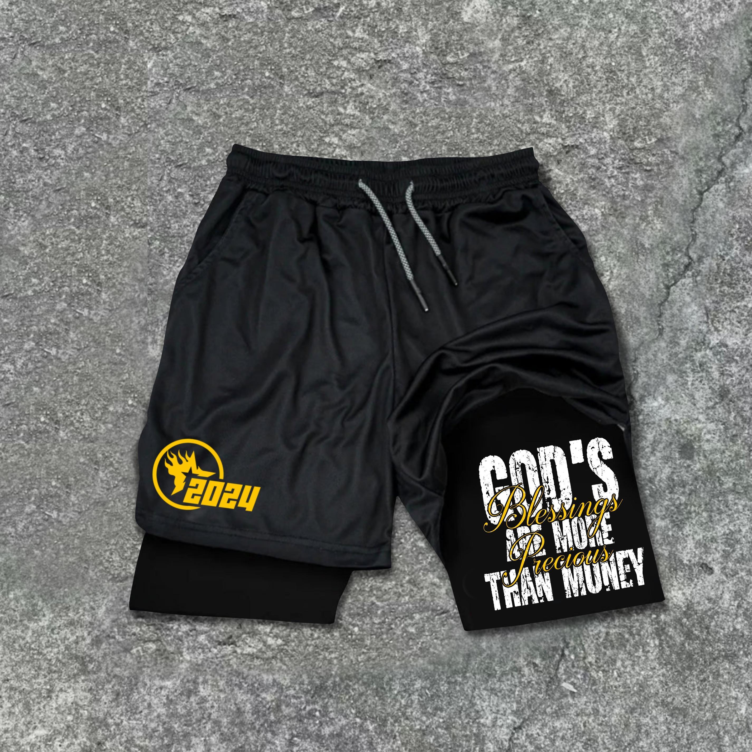 Men's God's Blessing Phrase Drawstring Double Layer Shorts Product Image