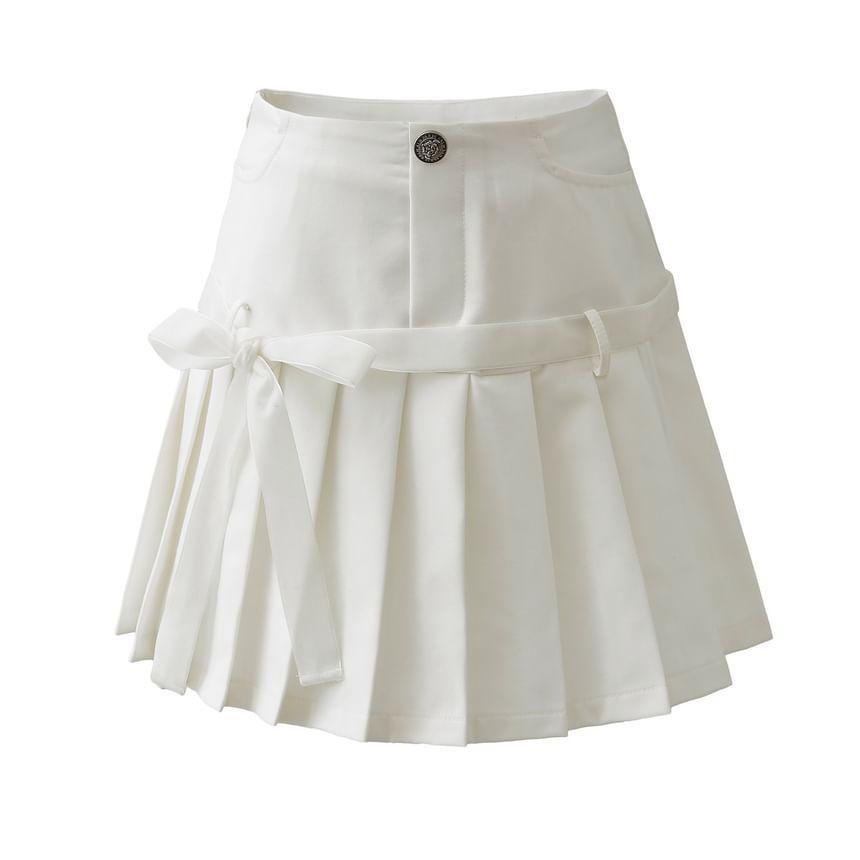 High Rise Bow Pleated Mini A-Line Skirt Product Image