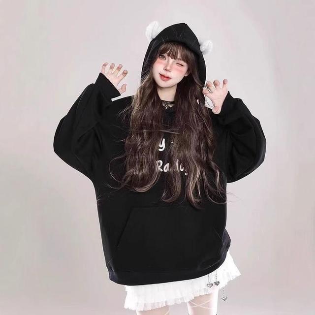 Cat Ear Lettering Oversized Hoodie Product Image