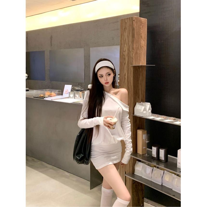 Long Sleeve One Shoulder Plain Mini Bodycon Dress Product Image