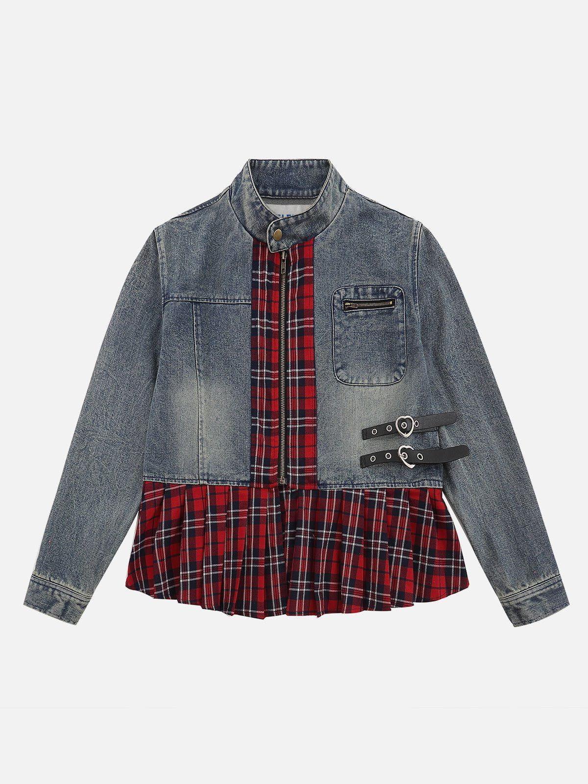 Aelfric Eden Plaid Wrinkle Patchwork Denim Jacket Product Image