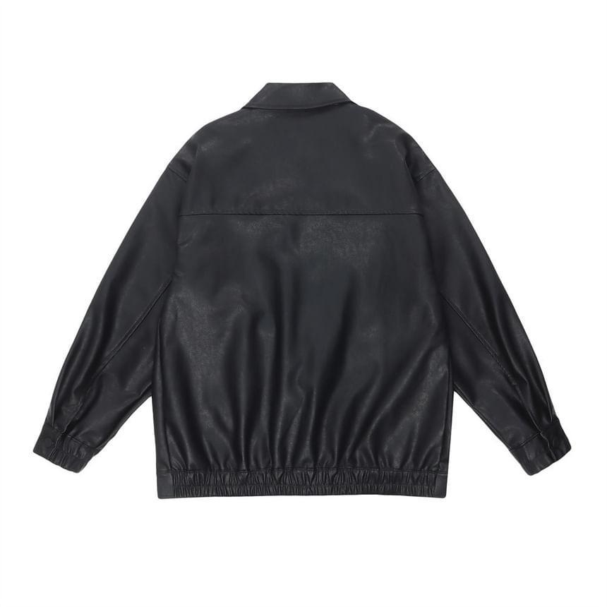 Collared Plain Button-Up Faux Leather Jacket Product Image