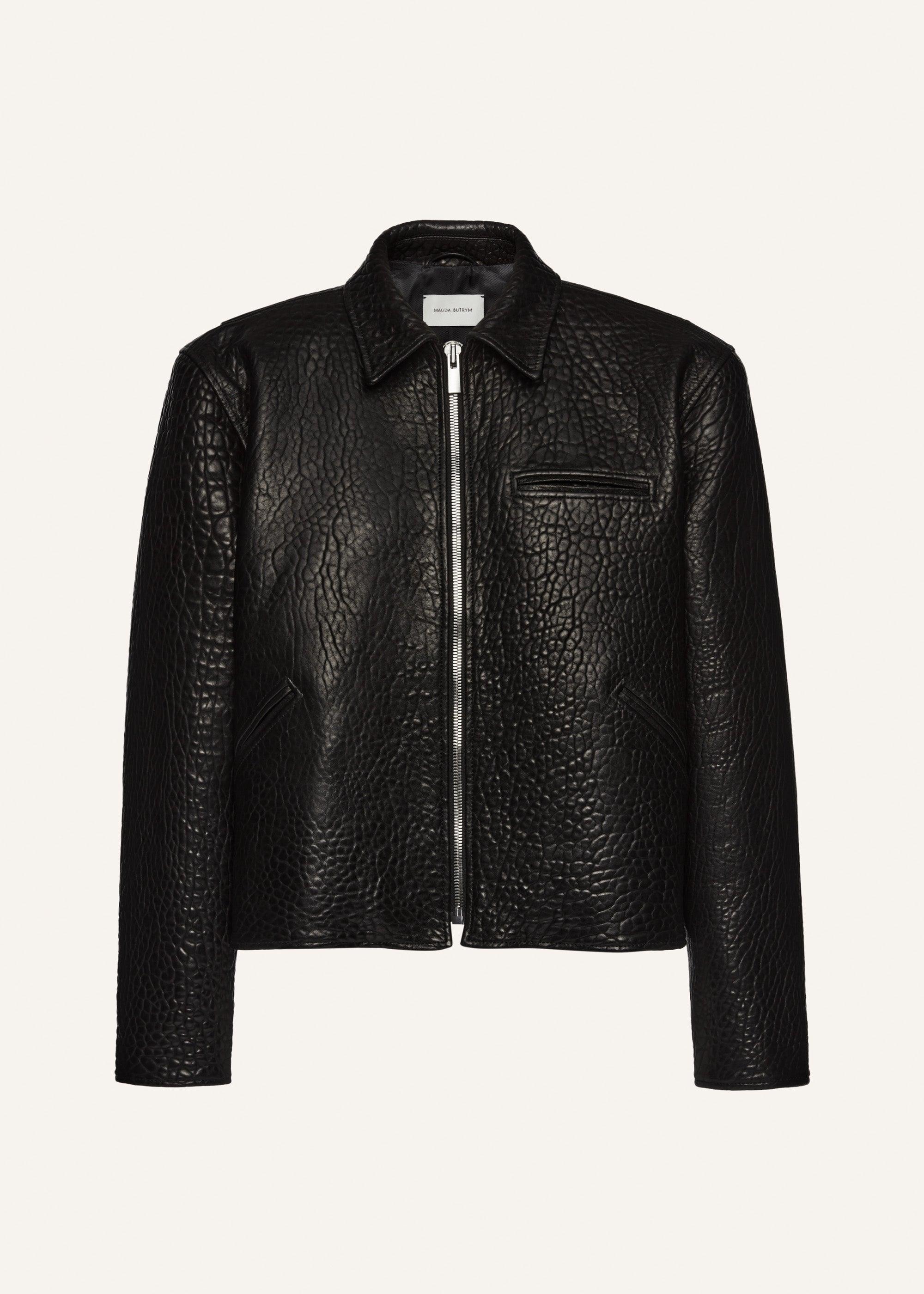 Boxy embossed leather zip jacket in black Product Image