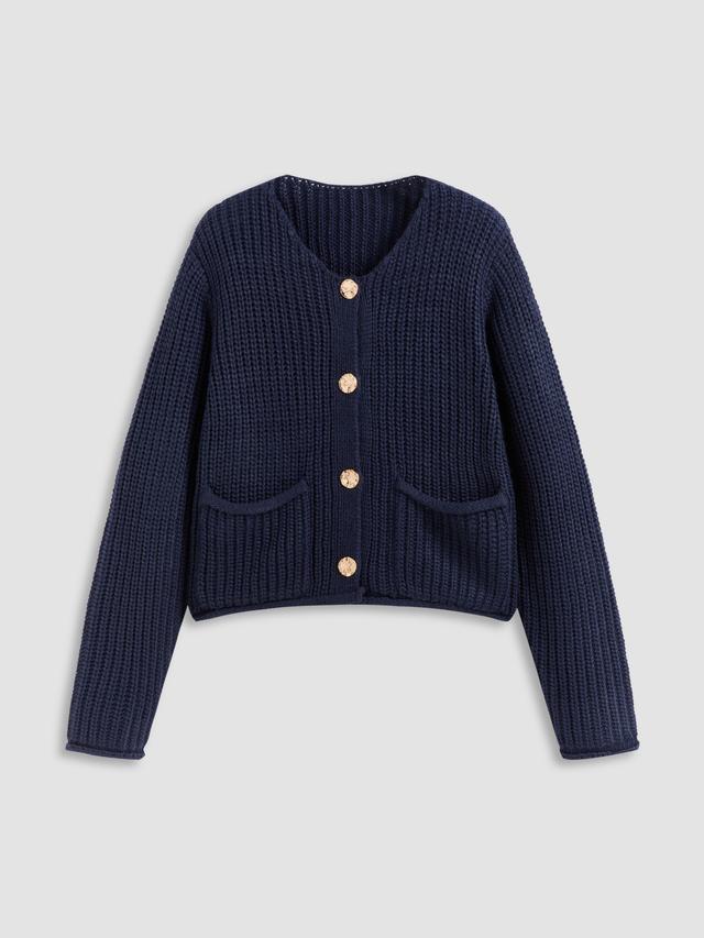 Knitted Round Neckline Solid Button Pocket Cardigan Product Image