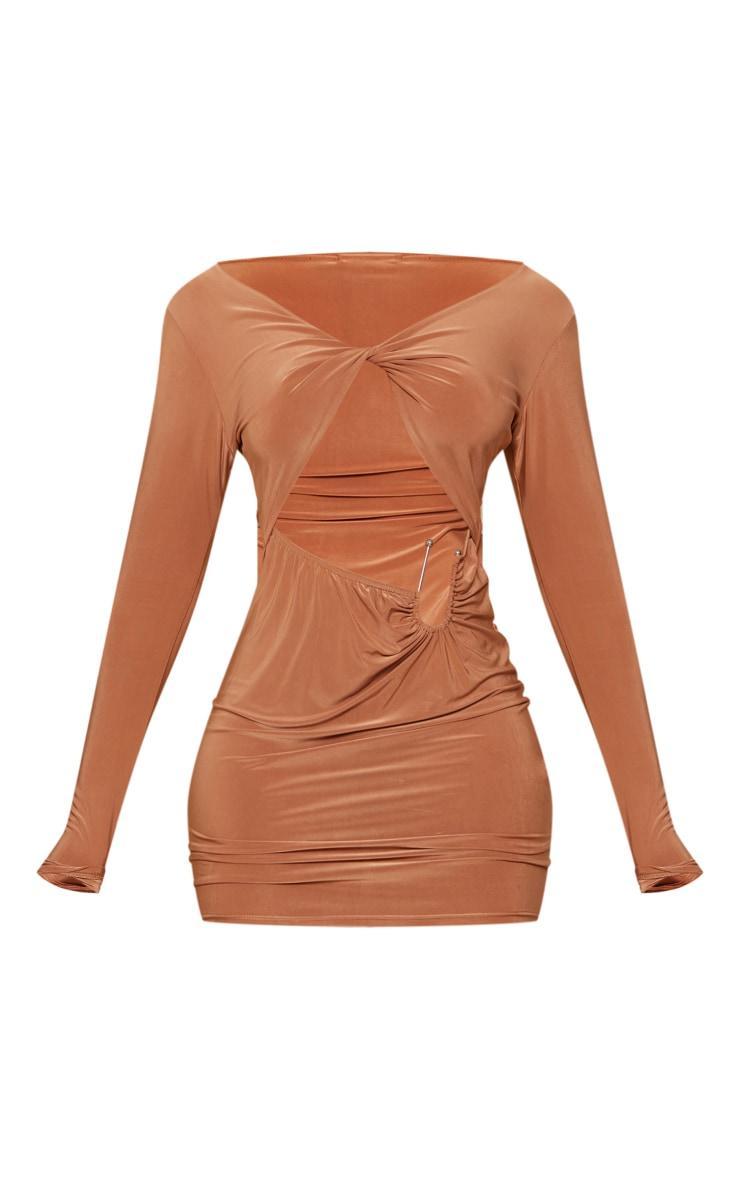 Shape Camel Slinky Ring Bar Detail Ruched Bodycon Dress Product Image