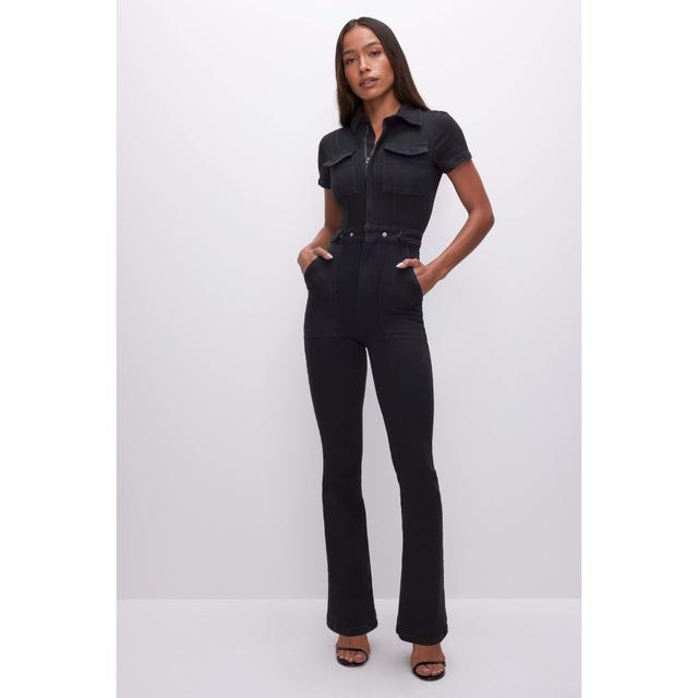 Womens Fit For Success Bootcut Denim Jumpsuit | Black, | Hidden Front Zipper Closure, Breast Pockets Size 3XL | Good American b Product Image