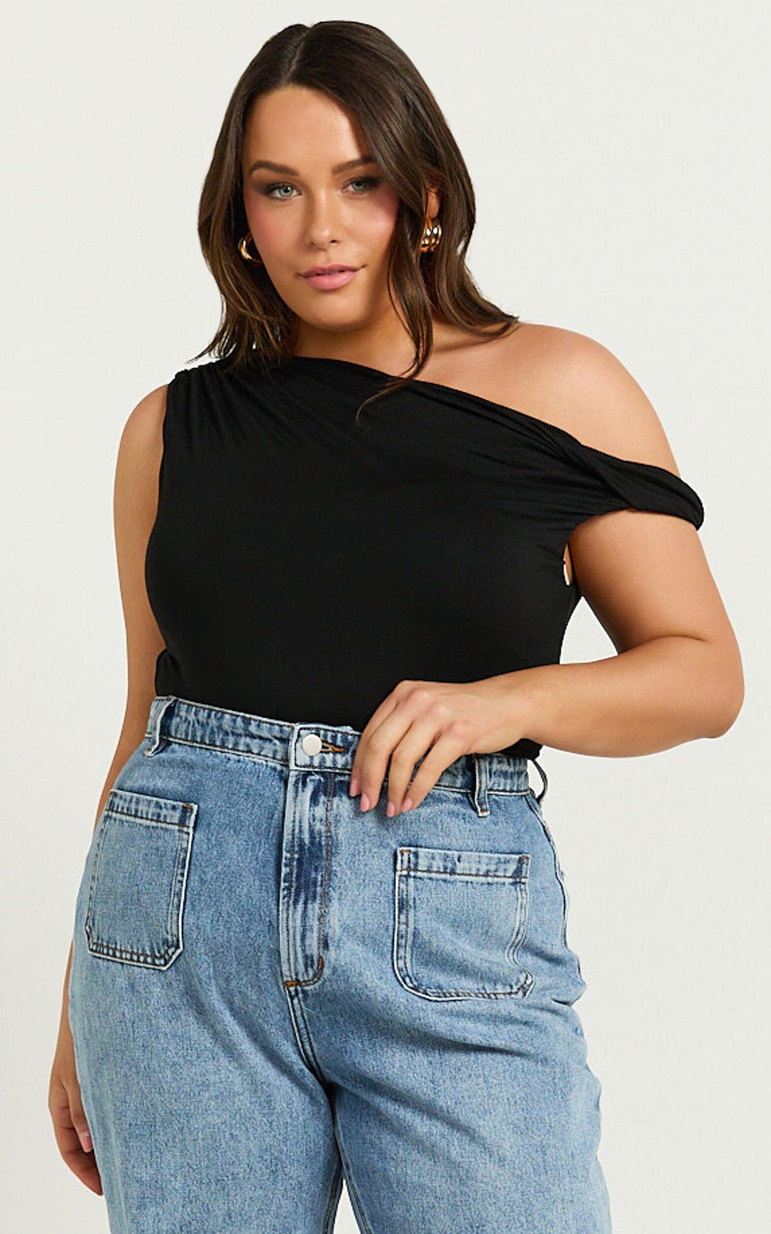 Jialeen Top - Off Shoulder Twist Asymmetrical Sleeve Top in Black product image