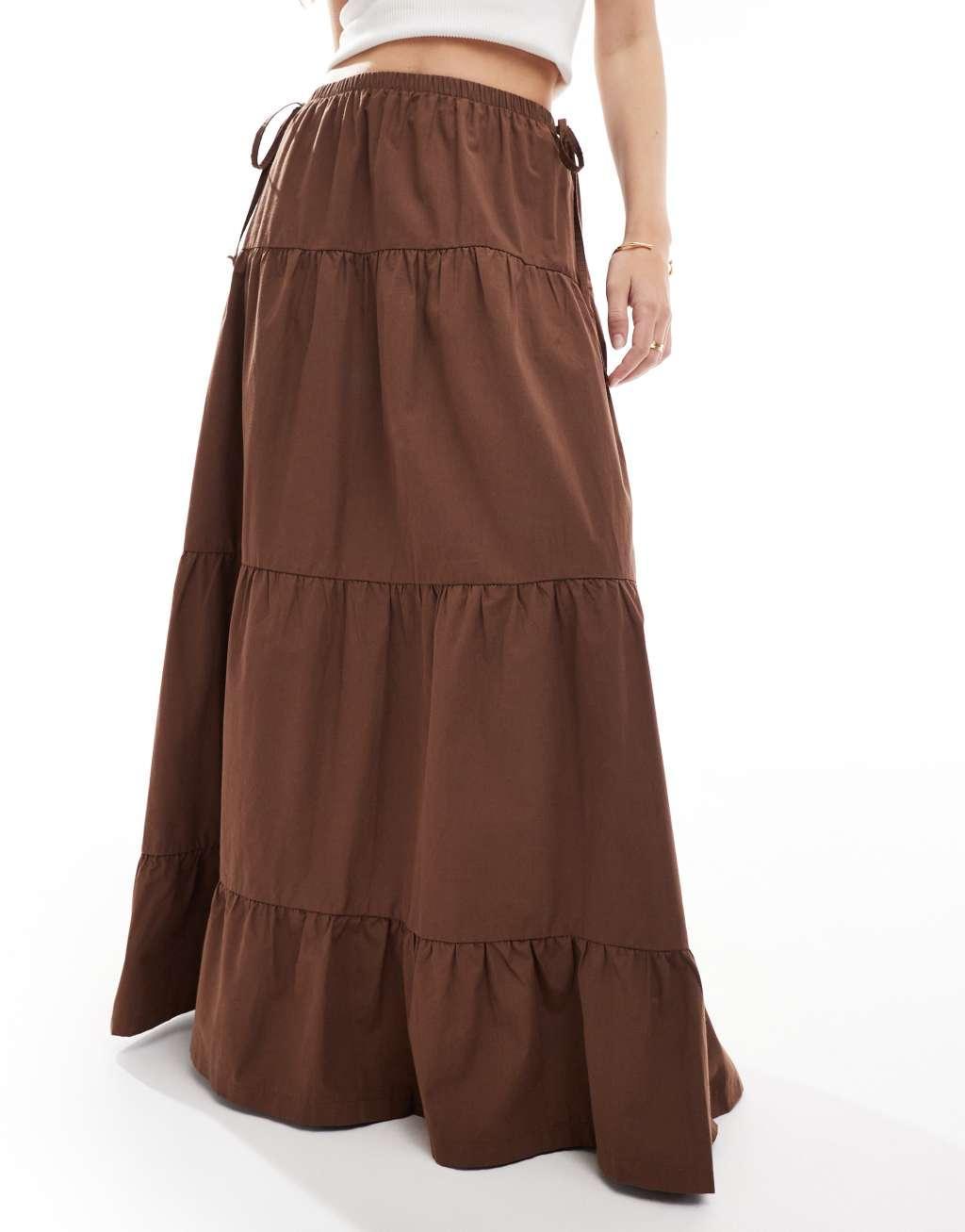 ASOS DESIGN poplin tiered maxi skirt with tie details in chocolate Product Image